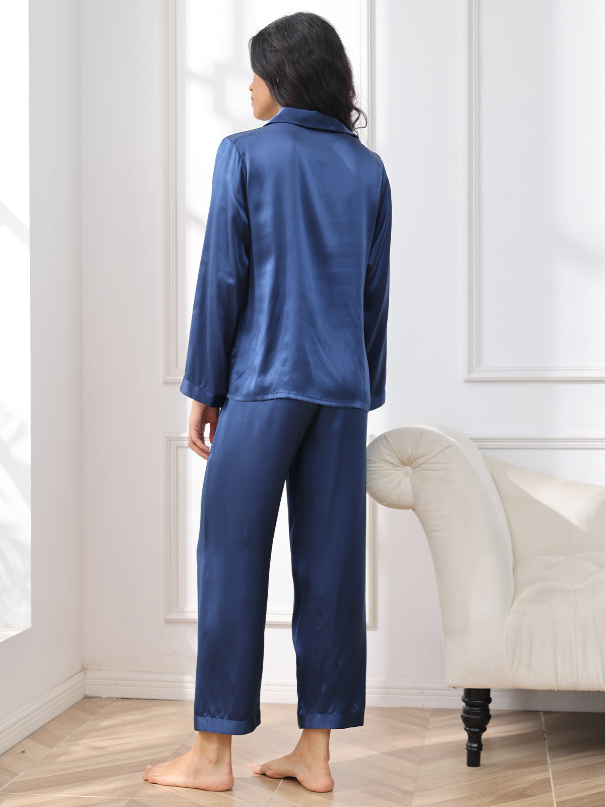 [Bleu Foncé] SilkSilky-FR Pure Soie Womens Pajamas 002