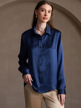 [Bleu Foncé] SilkSilky-FR Long Sleeve Lapel Collar Femme Chemise 004