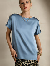 [Bleu Grisâtre] SilkSilky-FR Short Sleeve Boat Neck Femme T-Shirt 005