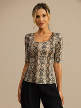 [Snakeskin] SilkSilky-FR Manches mi-longues Encolure Dégagée Femme T-Shirt 001