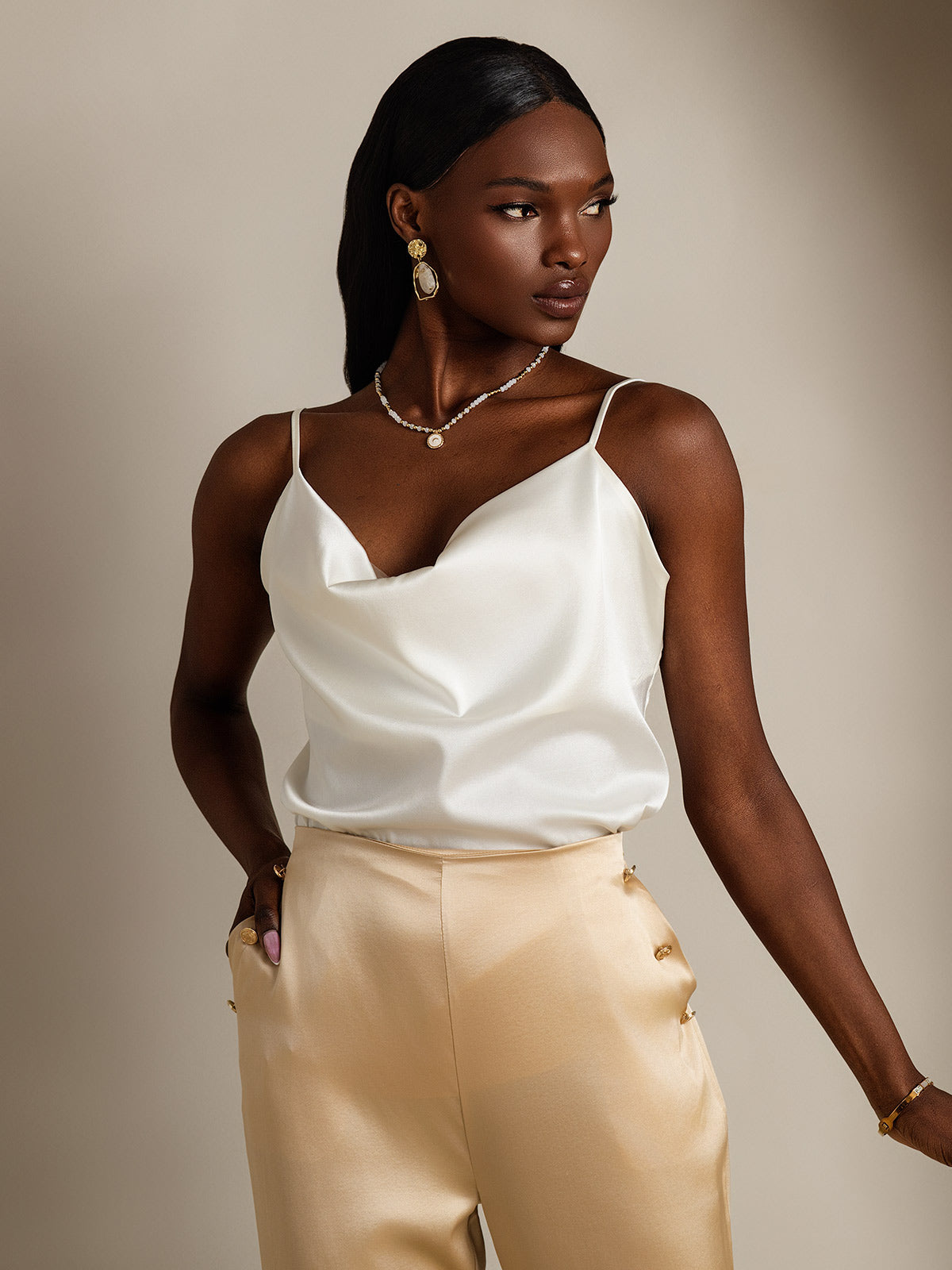 SilkSilky-FR 19Momme Soie Col Bénitier Top À Fines Brides Blanc 005