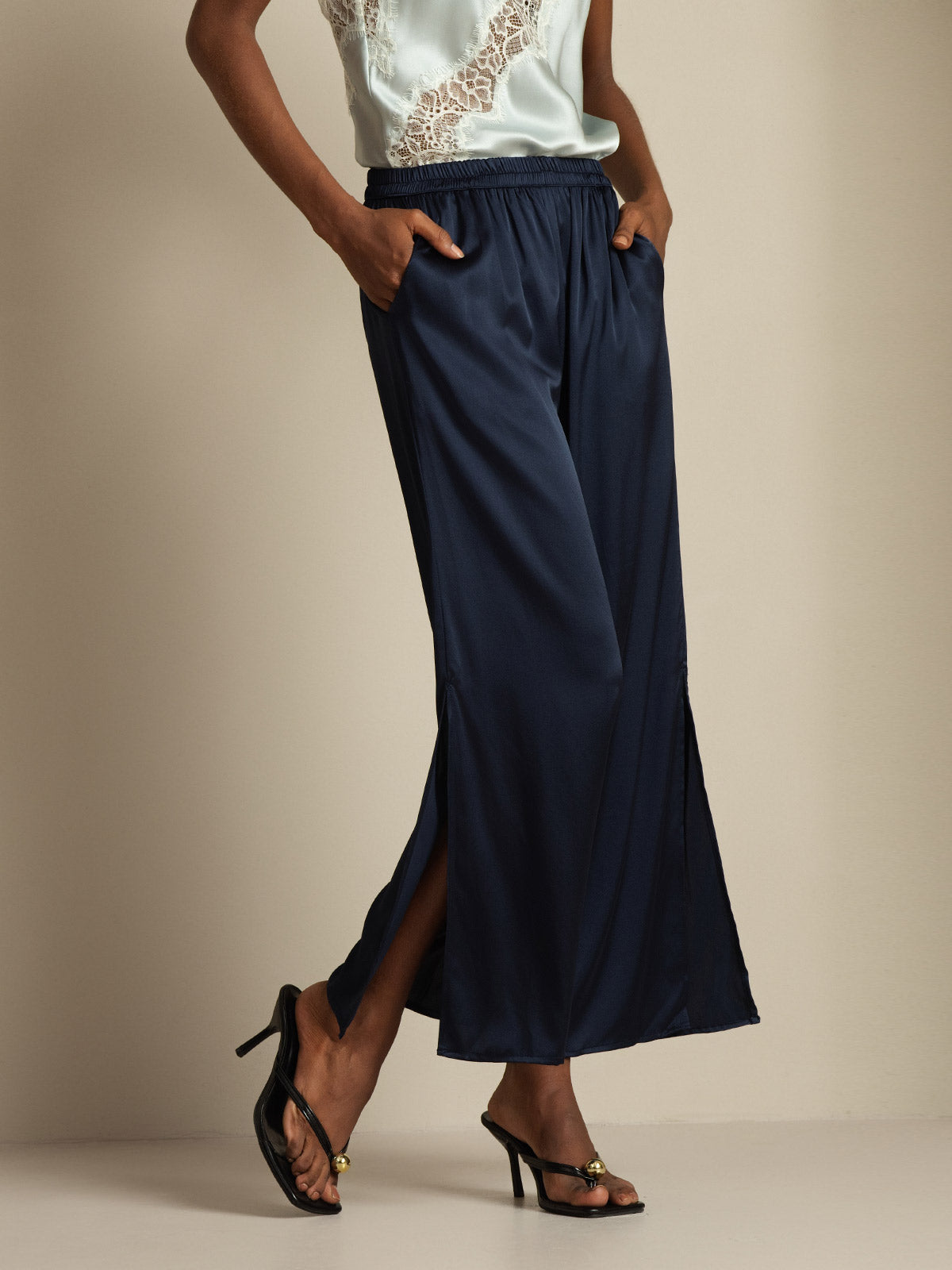 [Bleu Foncé] SilkSilky-FR 19Momme Soie Womens Pants 004