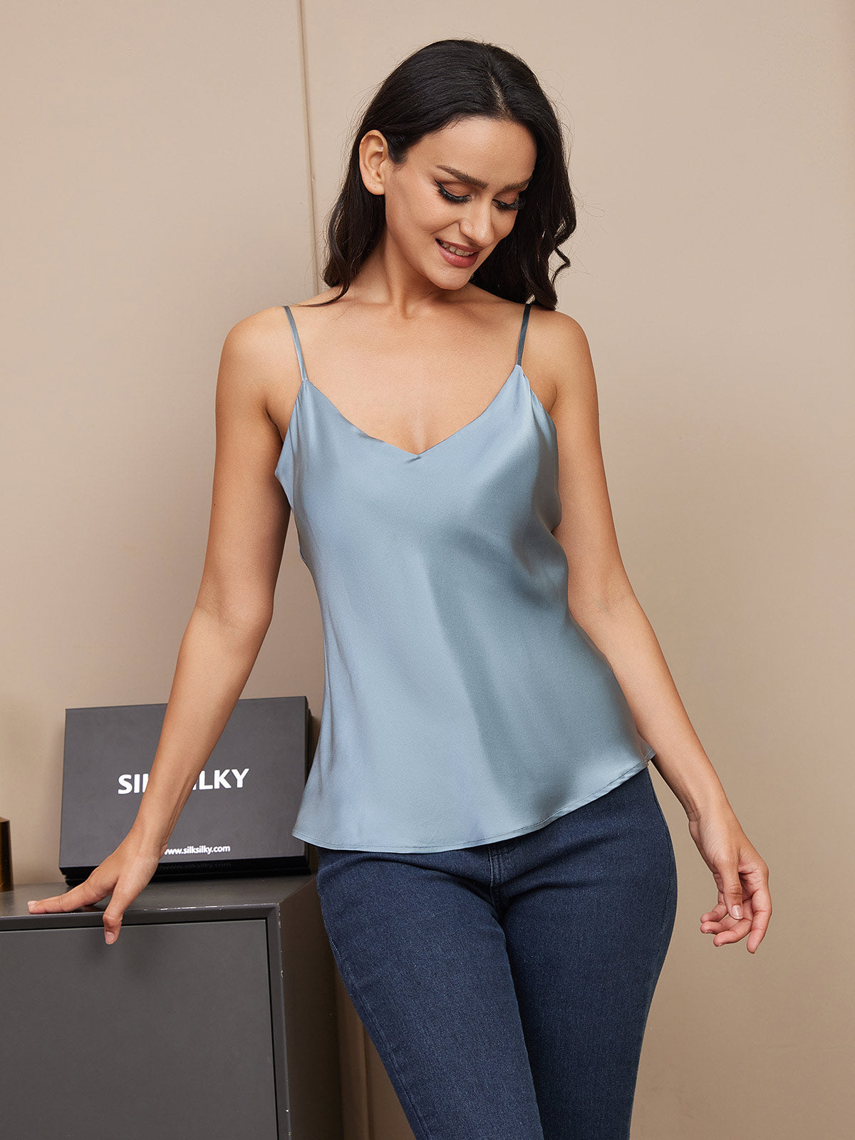 [Bleu Grisâtre] SilkSilky-FR Pure Soie Col en V Top À Fines Brides 004