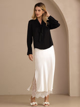 [Noir] SilkSilky-FR Long Sleeve Tie Neck Blouse 007