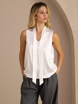[Blanc] SilkSilky-FR Sleeveless Tie Neck Top À Fines Brides 003