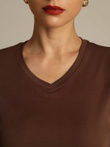 [Café] SilkSilky-FR Short Sleeve V Neck Femme T-Shirt 004