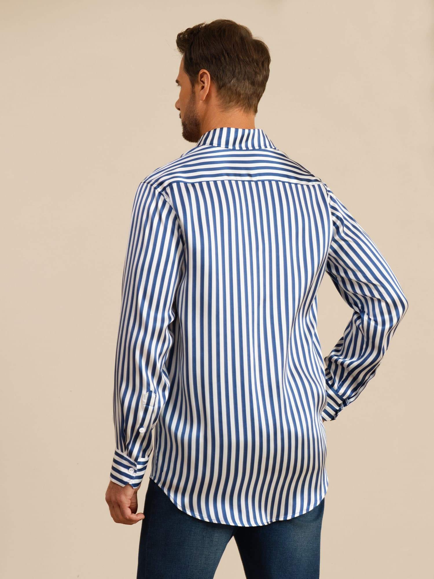 [Rayure Marine] SilkSilky-FR 19Momme Manches longues Col à Revers Homme Chemise 002