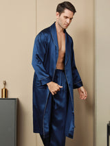 [Bleu Foncé] SilkSilky-FR Pure Soie Manches longues Revers Homme Peignoir 003