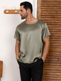 SilkSilky FR Pure Soie Manches courtes Col Rond Homme T Shirt VertGrisâtre 005