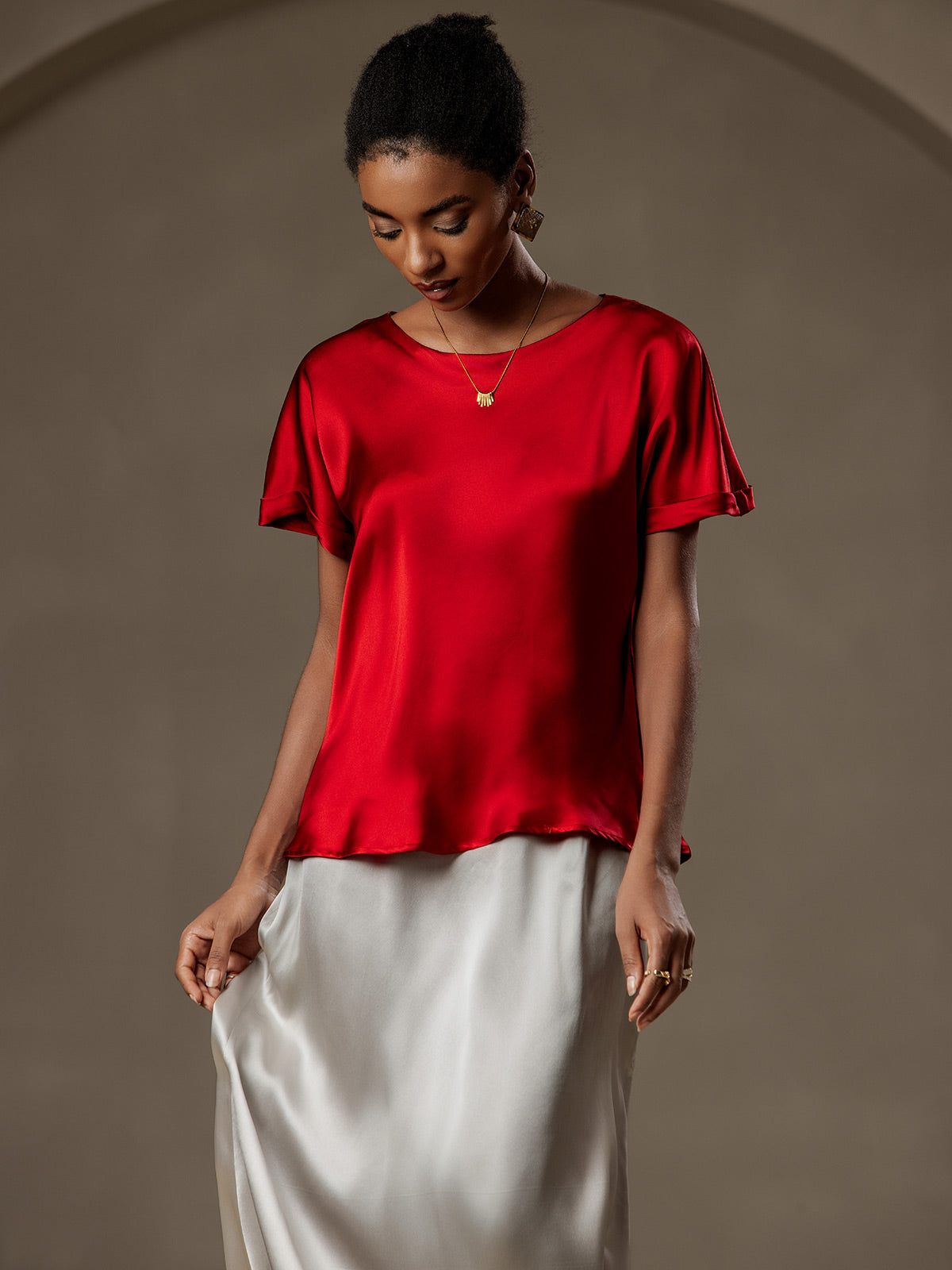 [Rouge Vineux] SilkSilky-FR 19Momme Soie Col Rond Femme T-Shirt 004