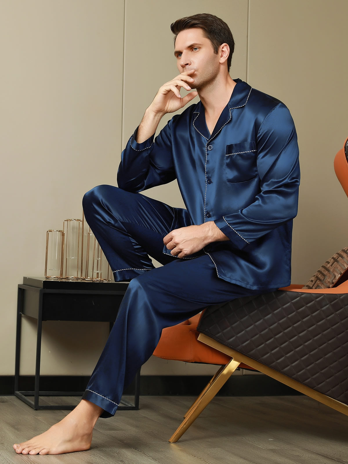 SilkSilky FR Pure Soie Manches longues Revers Homme Pyjamas BleuFoncé 001