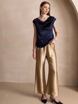 [Bleu Foncé] SilkSilky-FR Cap Sleeve Cowl Neck Femme T-Shirt 007