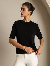 [Noir] SilkSilky-FR Half Sleeve Crew Neck Femme T-Shirt 005