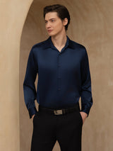 [Bleu Foncé] SilkSilky-FR 19Momme Manches longues Col à Revers Homme Chemise 001