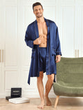 SilkSilky FR Pure Soie Trois quart Revers Homme Peignoir BleuFoncé 001