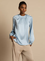 [Bleu Grisâtre] SilkSilky-FR 19Momme Manches longues Col Rond Blouse 003