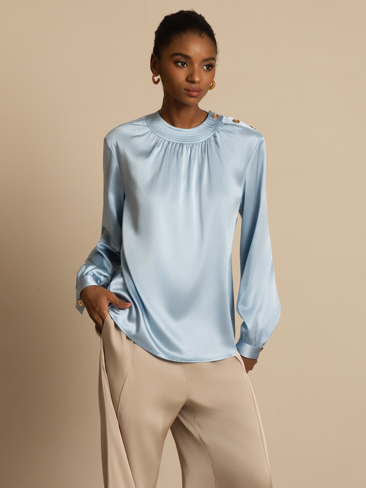 [BleuGrisâtre] SilkSilky-FR 19Momme Soie Manches longues Col Rond Blouse 003