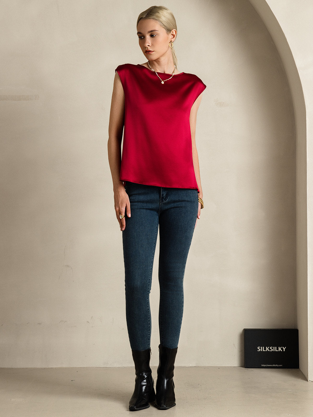 [Rouge Vineux] SilkSilky-FR 19Momme Soie Col Rond Femme T-Shirt 007