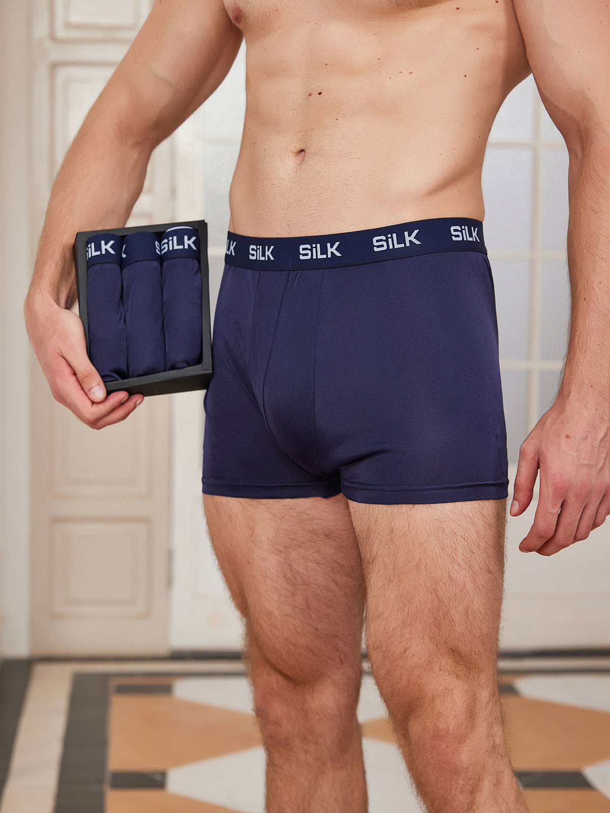 [Bleu Foncé] SilkSilky-FR Pure Soie Mens Underwear 003