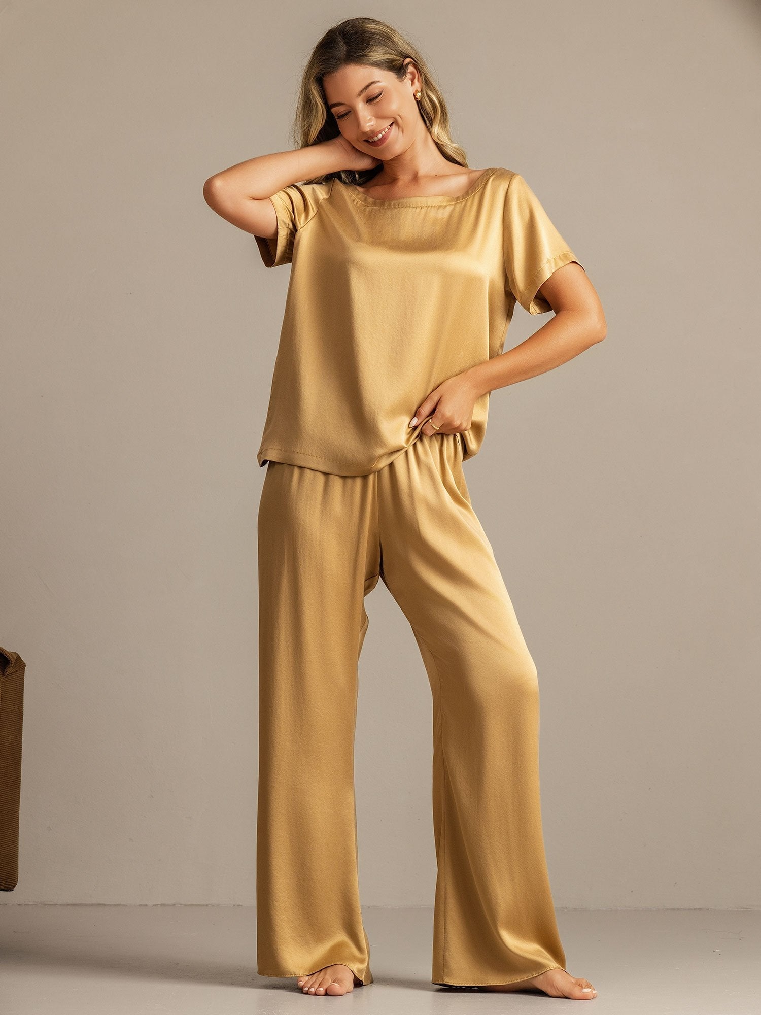 [Tan] SilkSilky-FR 19Momme Soie Womens Pajamas 001