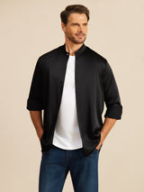 [Noir] SilkSilky-FR Long Sleeve Stand Collar Homme Chemise 003