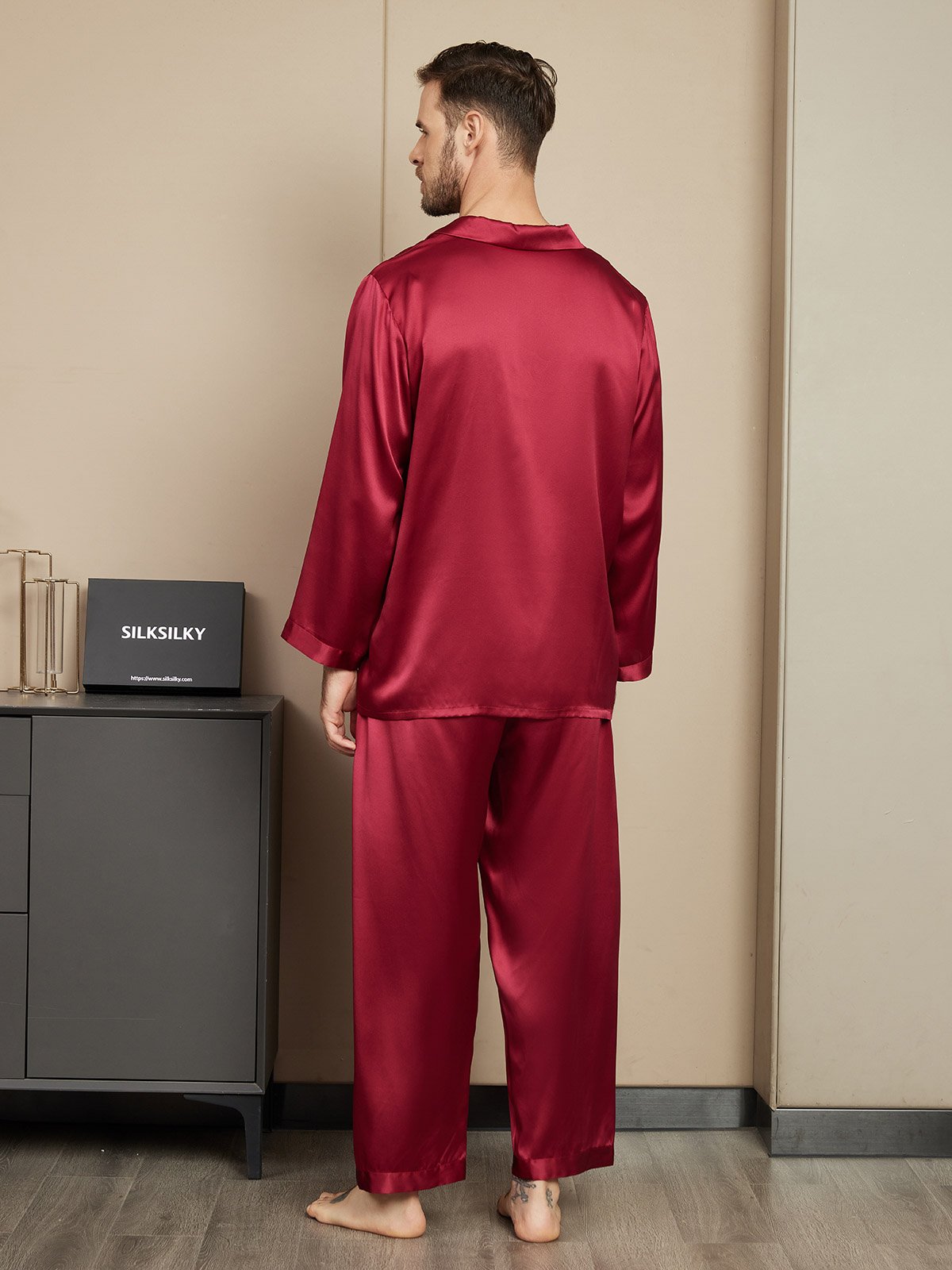 SilkSilky FR Pure Soie Manches longues Mens Pajamas RougeVineux 002