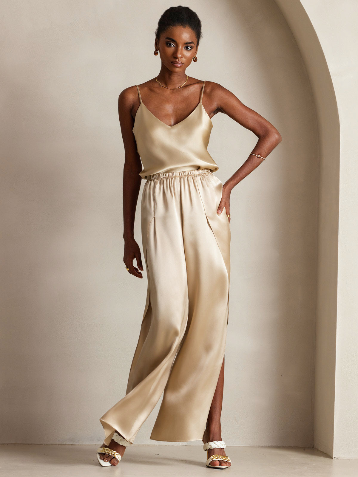 [Champagne] SilkSilky-FR Pure Soie Col en V Top À Fines Brides 003