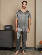[Gris Foncé] SilkSilky-FR Pure Soie Manches courtes Col Rond Homme Pyjamas 003