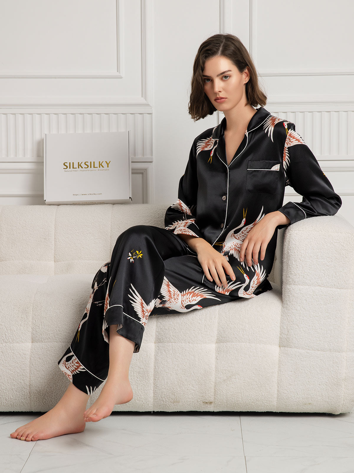 [Noir] SilkSilky-FR 19Momme Pure Soie Womens Pajamas 005