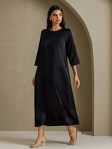 [Noir] SilkSilky-FR 3/4 Sleeve Round Neck Robes 005