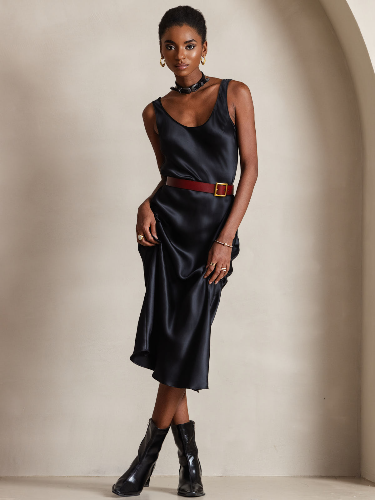 [Noir] SilkSilky-FR Pure Soie Col Bateau Robes 005
