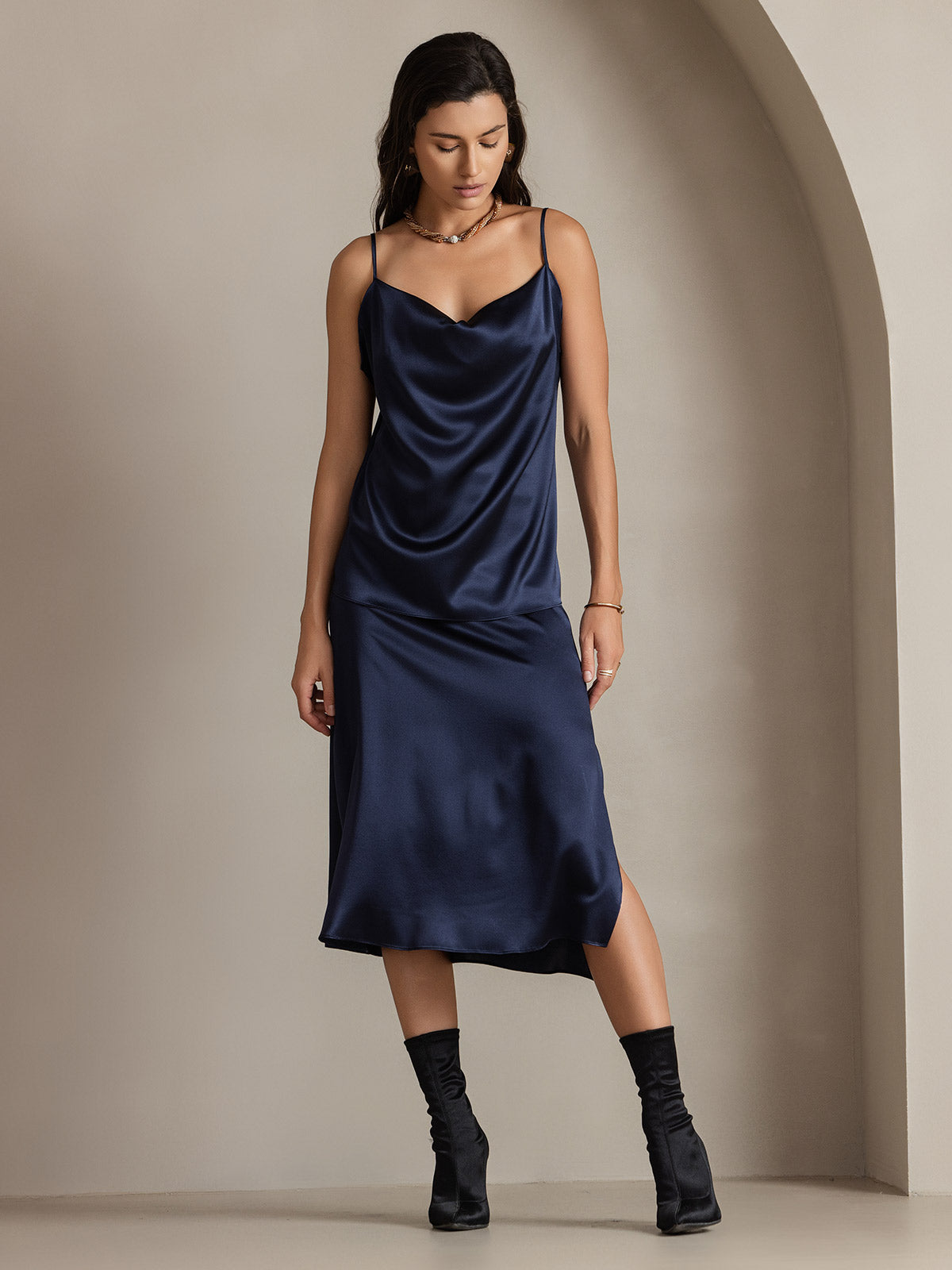 [Bleu Foncé] SilkSilky-FR 19Momme Soie Skirt 006