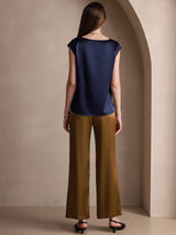 [Bleu Foncé] SilkSilky-FR Cap Sleeve Round Neck Femme T-Shirt 002