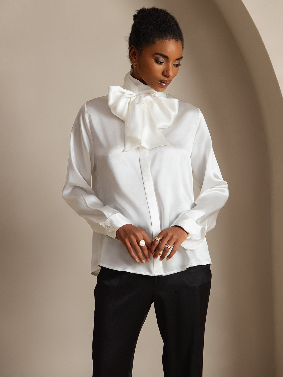 [Blanc] SilkSilky-FR 19Momme Soie Womens Shirt 001