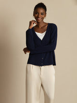 [Bleu Foncé] SilkSilky-FR Long Sleeve Cardigan Femme 004