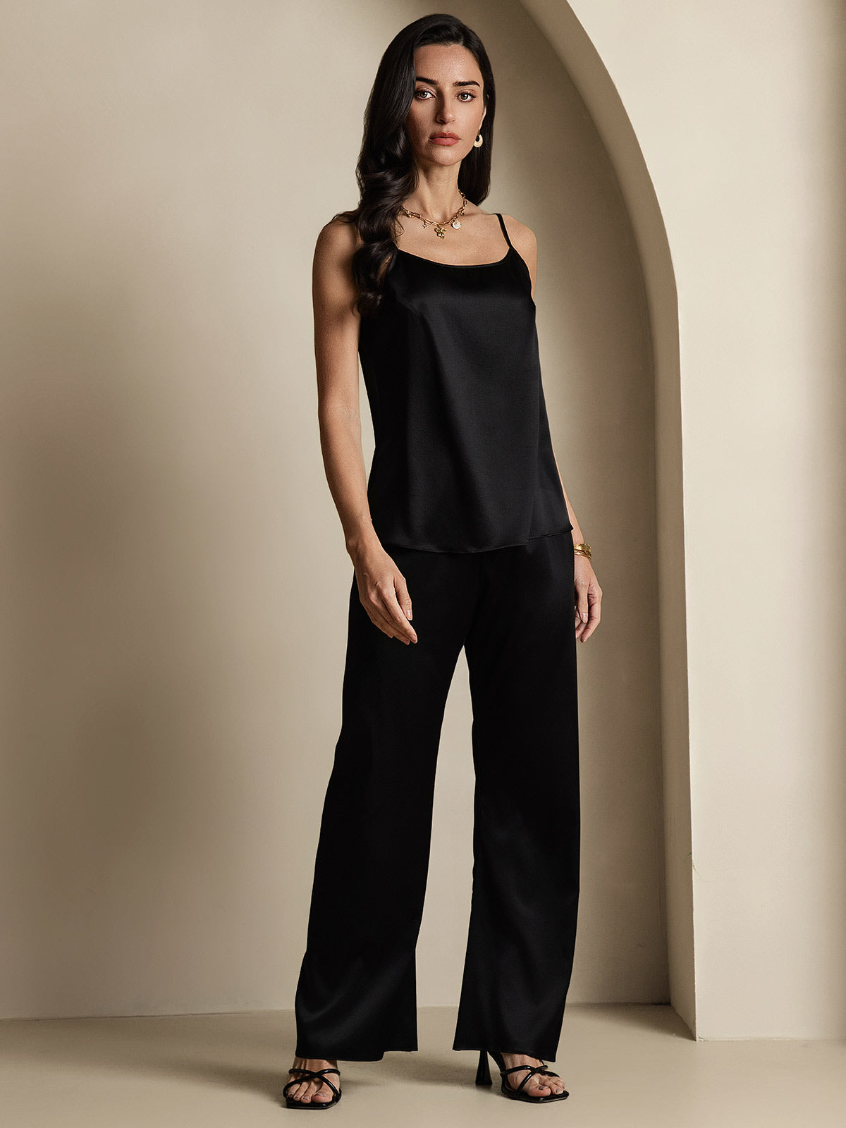 [Noir] SilkSilky-FR 19Momme Fines Brides Encolure Dégagée Top À Fines Brides 007