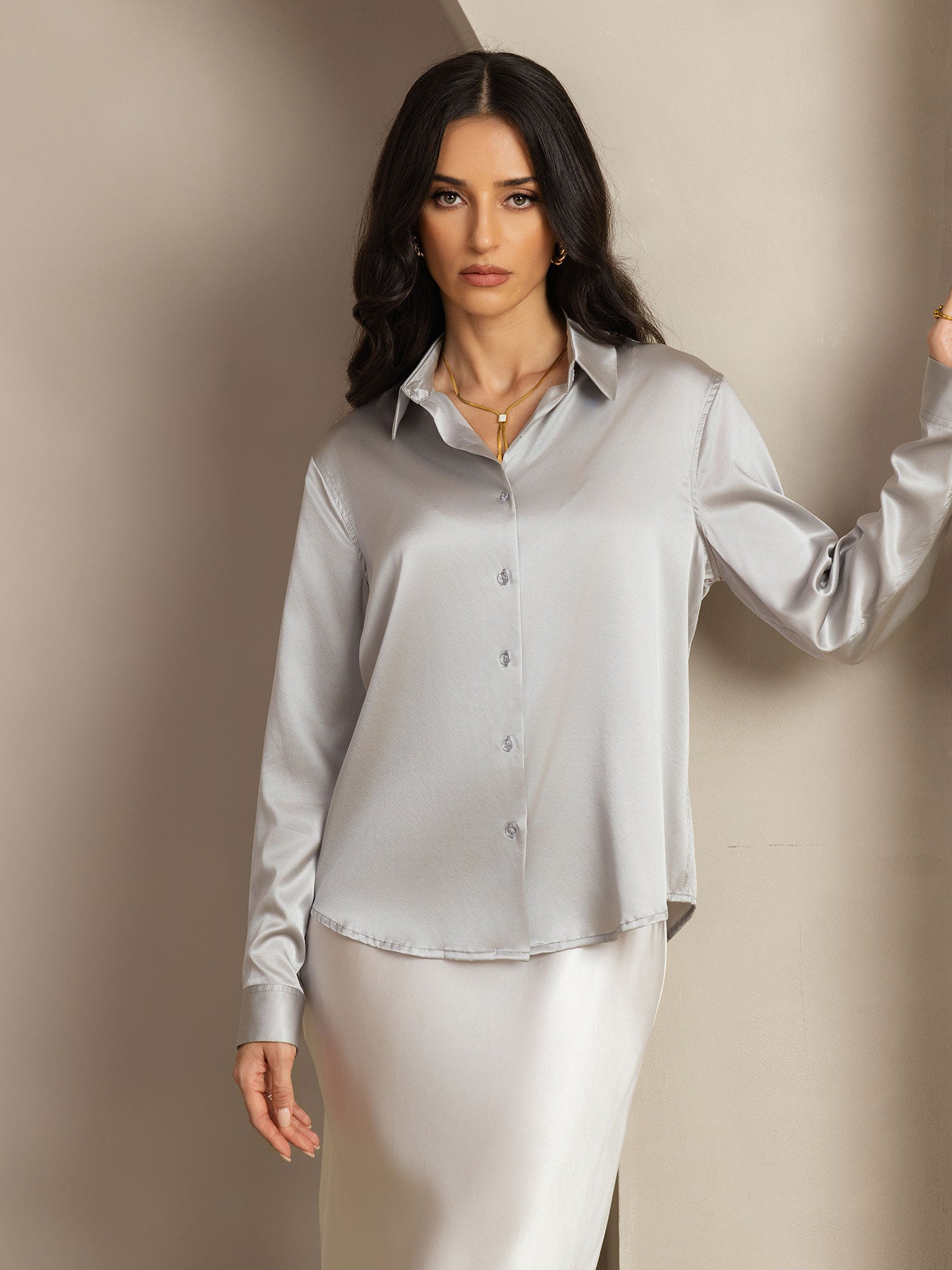 [Gris Clair] SilkSilky-FR Soie Col Chemise Femme Chemise 008