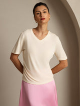 [Beige] SilkSilky-FR Manches courtes Col V Femme T-Shirt 001