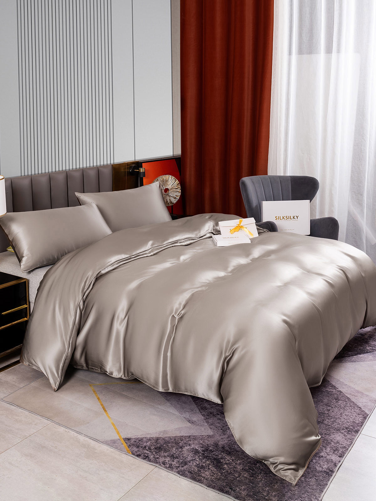 SilkSilky FR 22Momme Pure Soie Bedding Set Gris 004