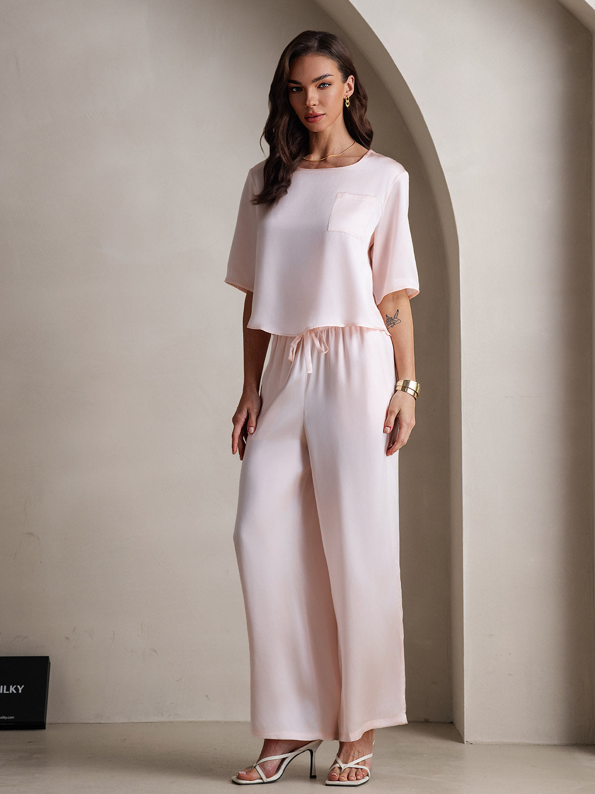 [Rose] SilkSilky-FR Pure Soie Col Rond Femme Pyjamas 006