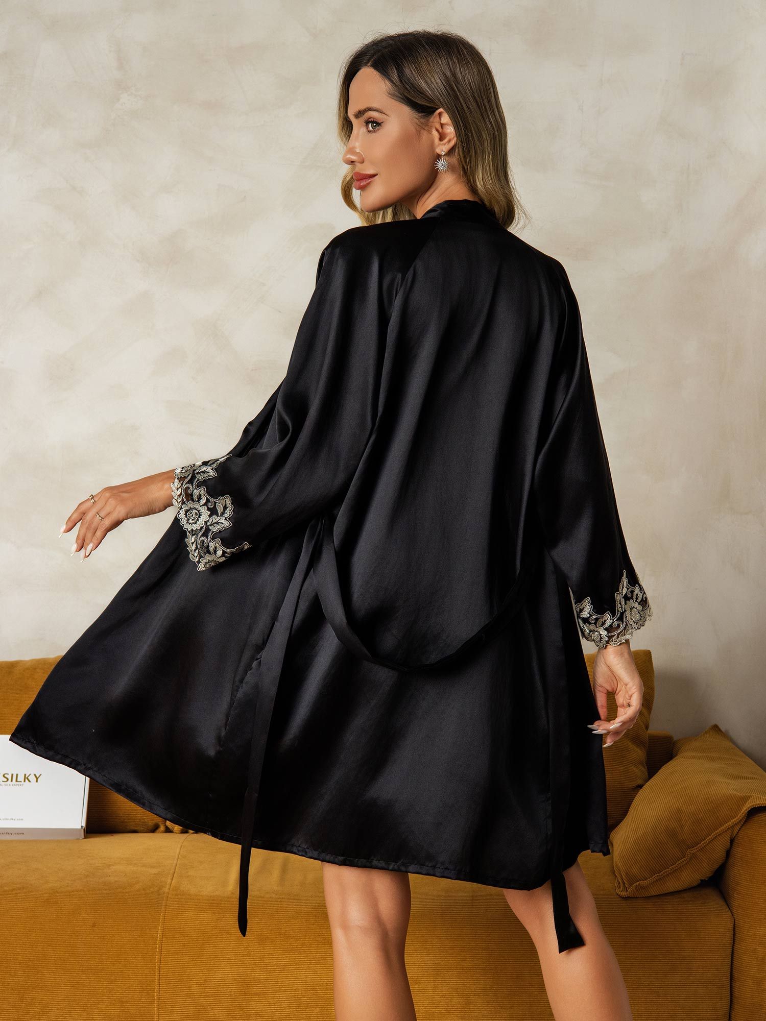 [Noir] SilkSilky-FR Soie Nightgown&Robe Set 002
