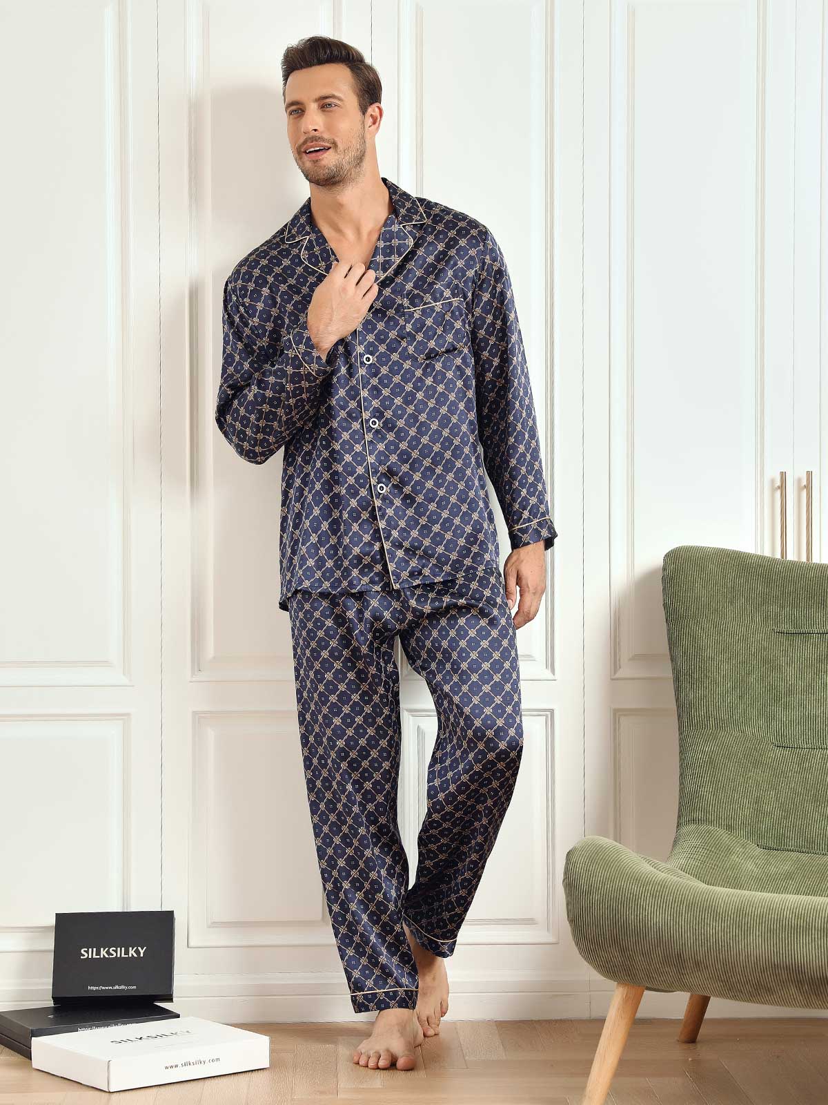 [Chaîne Marine] SilkSilky-FR 19Momme Pure Soie Mens Pajamas 005