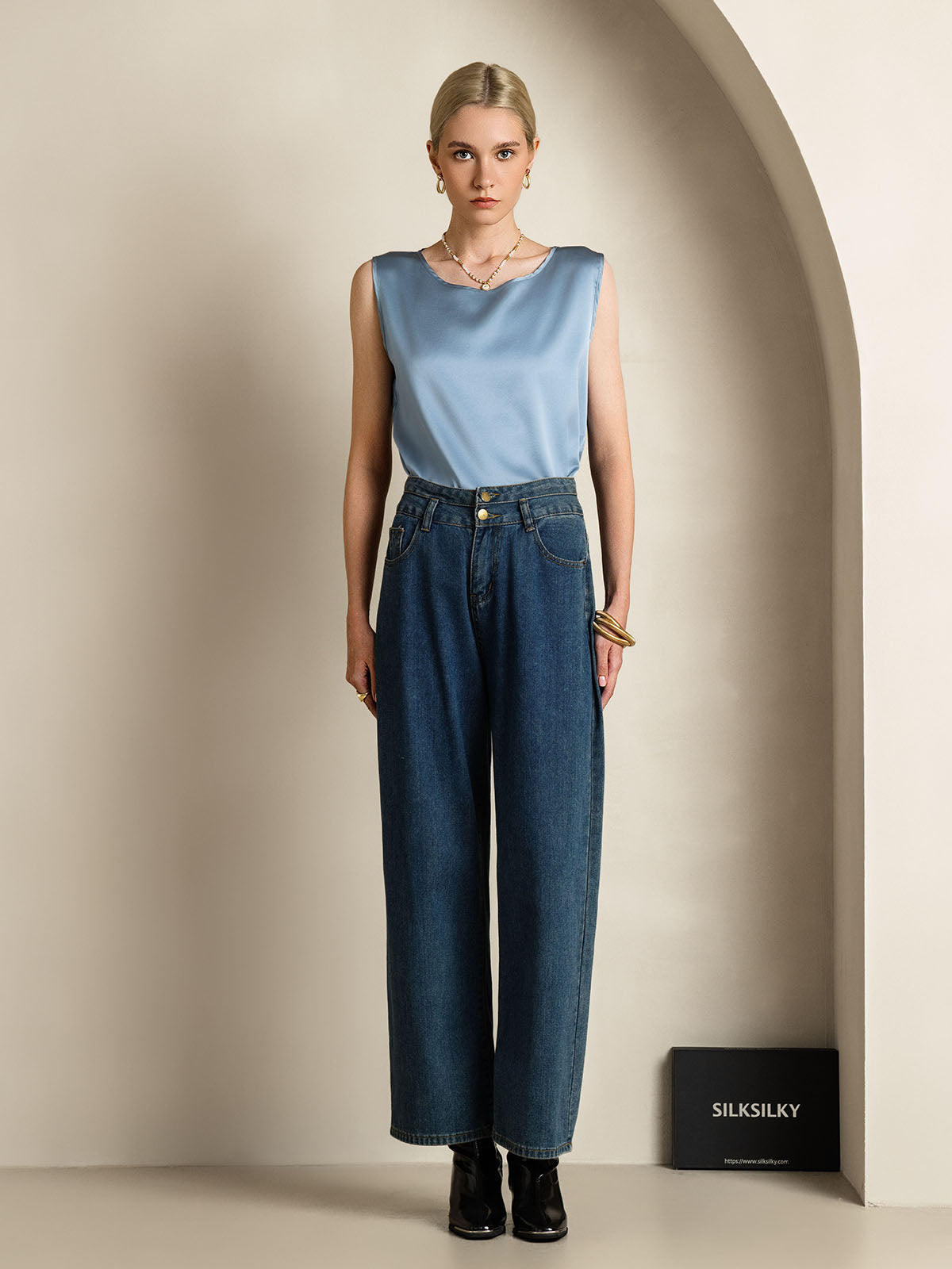 [Bleu Grisâtre] SilkSilky-FR 19Momme Soie Col Rond Top À Fines Brides 007