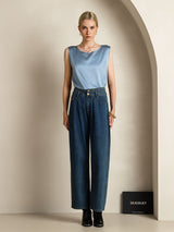 [Bleu Grisâtre] SilkSilky-FR Sleeveless Round Neck Top À Fines Brides 007