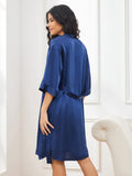 SilkSilky FR Pure Soie Trois quart Nightgown&Robe Set BleuFoncé 002