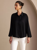 [Noir] SilkSilky-FR Long Sleeve Lapel Collar Blouse 003