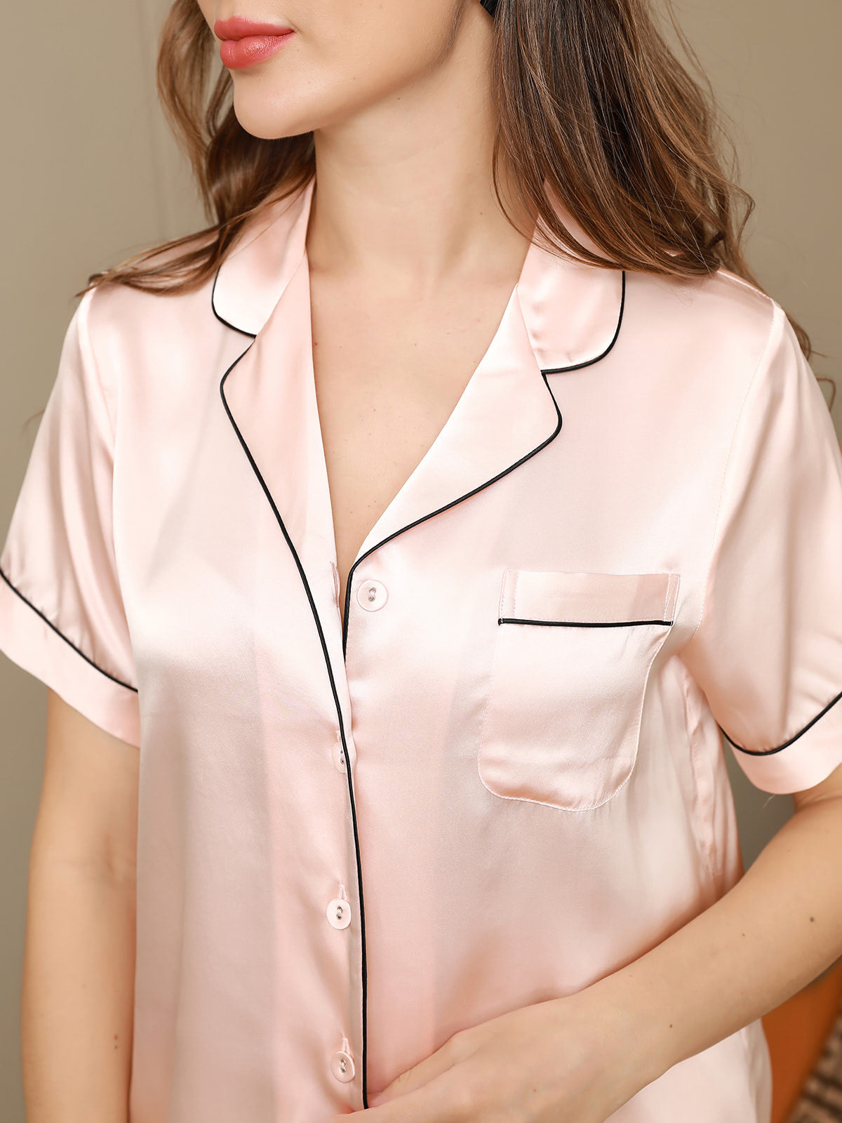 [Rose] SilkSilky-FR Manches courtes Col Cranté Femme Pyjamas 008