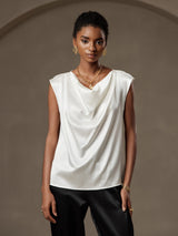 [Blanc] SilkSilky-FR Cap Sleeve Cowl Neck Femme T-Shirt 001
