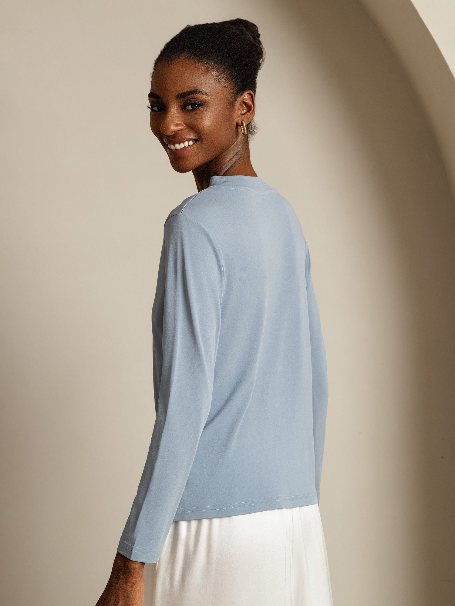 [BleuGrisâtre] SilkSilky-FR Soie Col Rond Femme T-Shirt 002