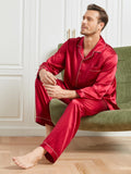 SilkSilky FR 19Momme Pure Soie Manches longues Revers Homme Pyjamas Rouge 004